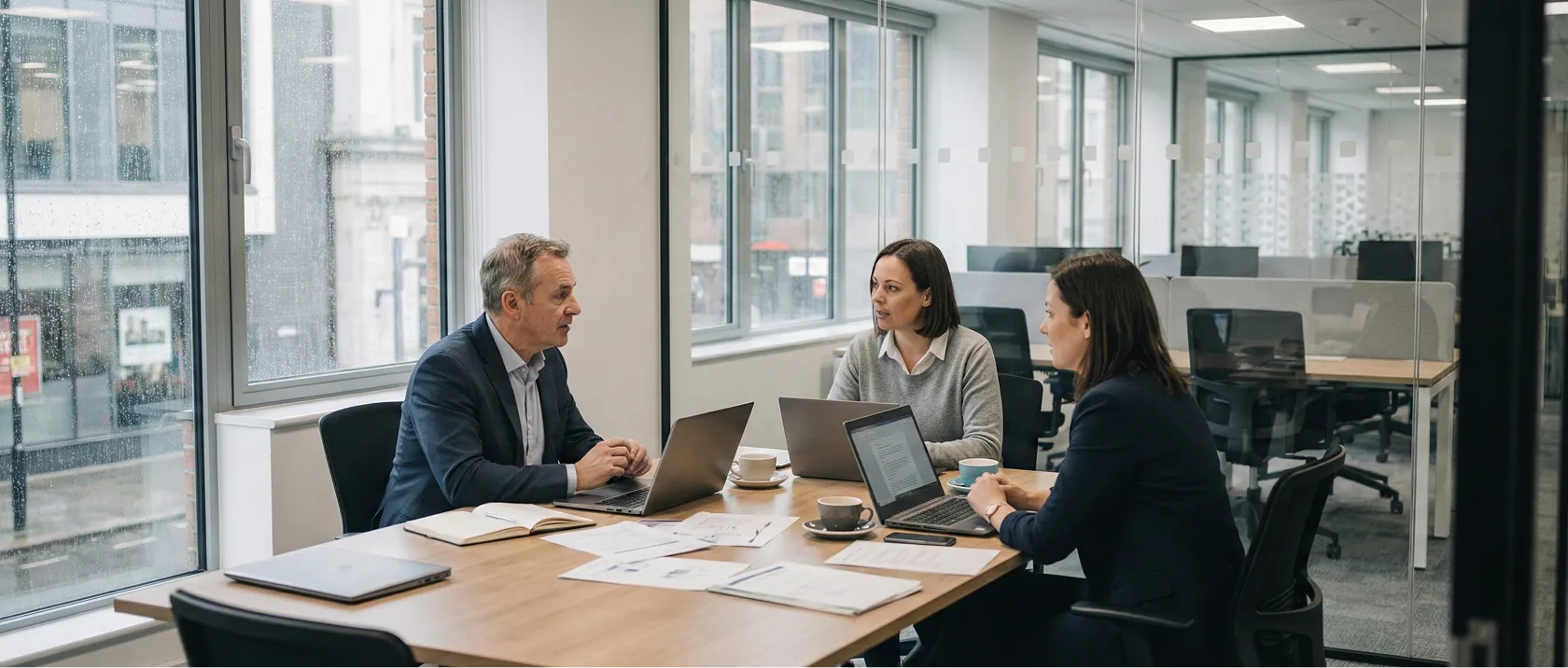 Three business professionals having a meeting at a table with laptops and documents in a modern office.