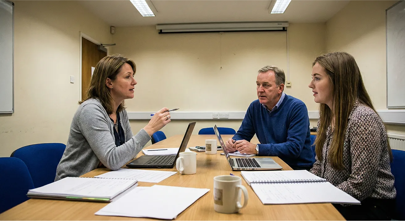 Three people having a meeting around a table with laptops, notebooks, and coffee mugs in a conference room.