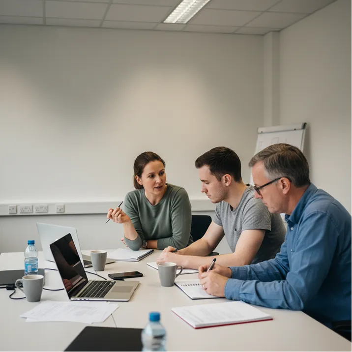 Three people sitting at a table in a meeting room discussing notes and laptop work.