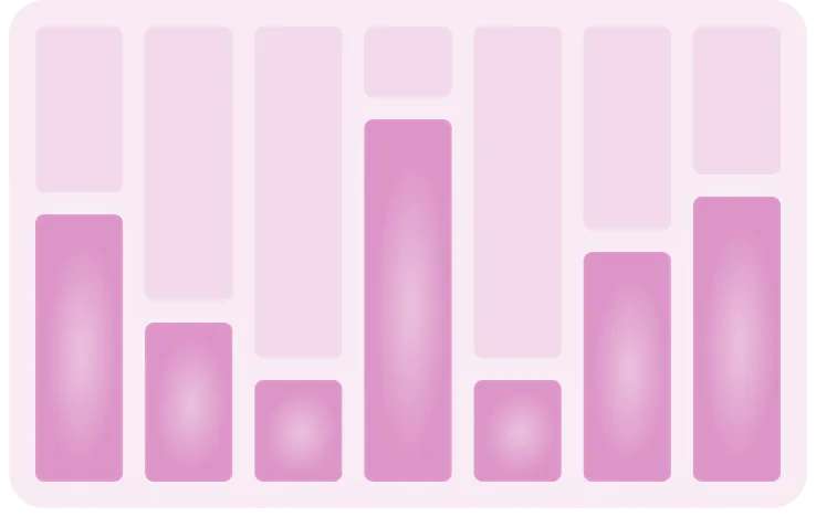 Stylized pink and purple bar chart with varying rectangular bars on a rounded pink background.