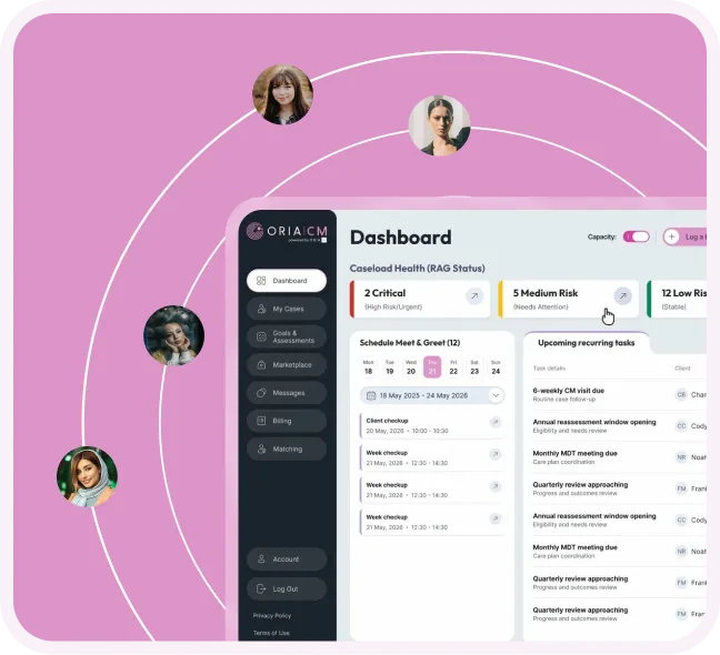 Dashboard screen showing caseload health with critical, medium, and low risk categories and schedule for meet and greet.