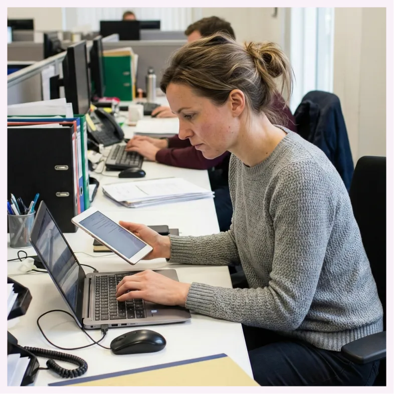 Woman in gray sweater using a tablet and laptop at a busy office desk.