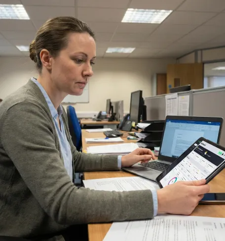 Woman working at desk with laptop and tablet displaying business analytics in an office.