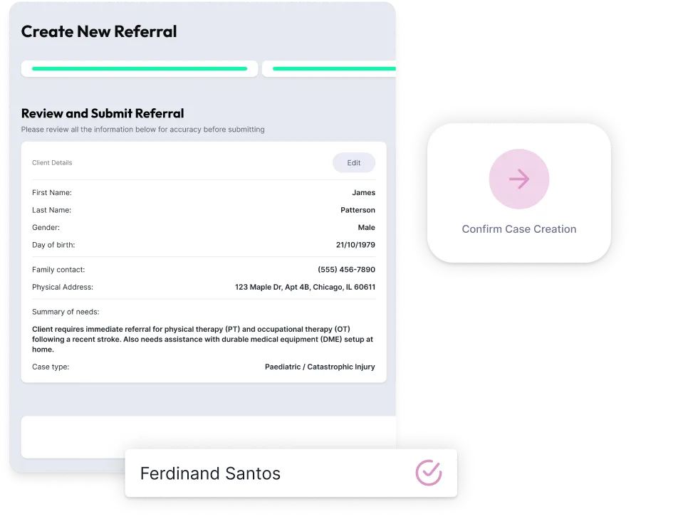 Digital form titled Create New Referral showing client details with a review summary and a pink Confirm Case Creation button.
