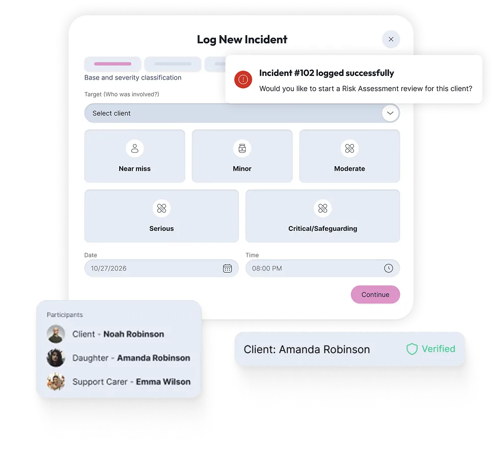 User interface showing a form to log a new incident with severity options and participant details.