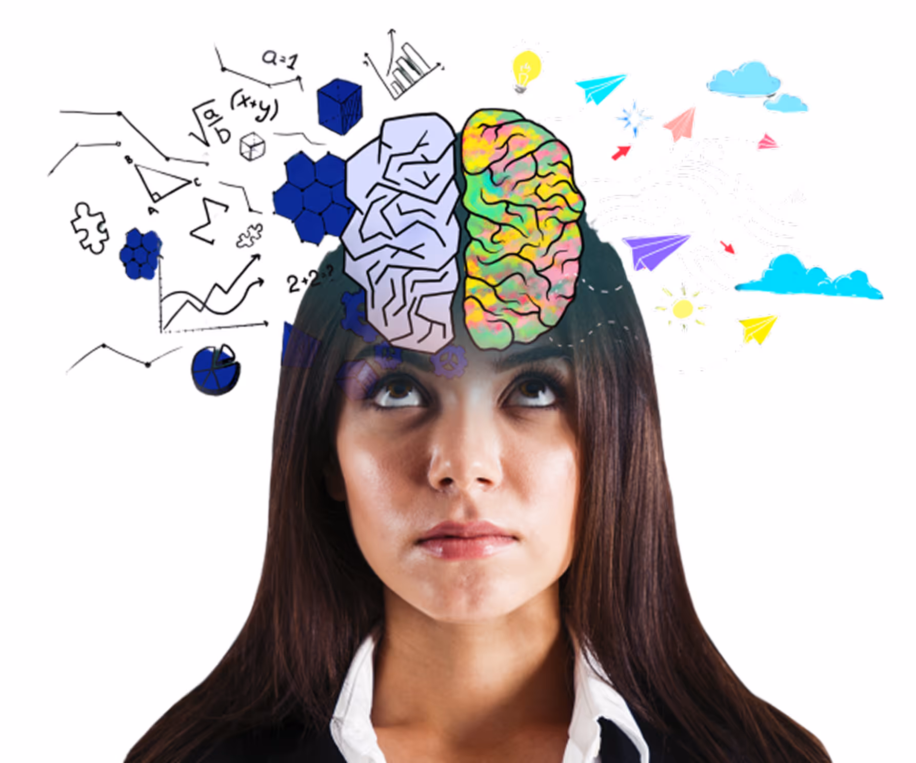 Girl with a hand-drawn brain (illustration)