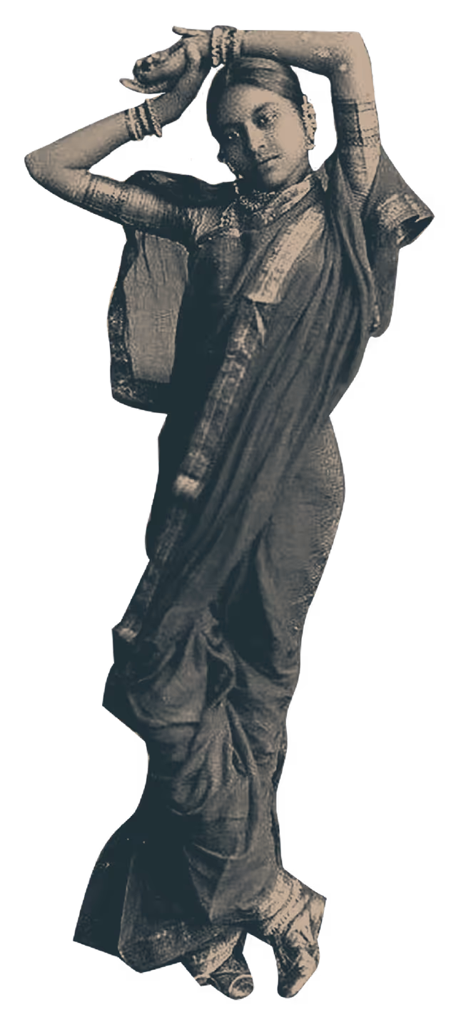 Woman in traditional Indian attire posing with arms raised and crossed above her head.