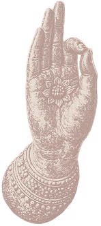 Right hand in a mudra gesture with detailed ornamental bracelet and floral design on the palm.