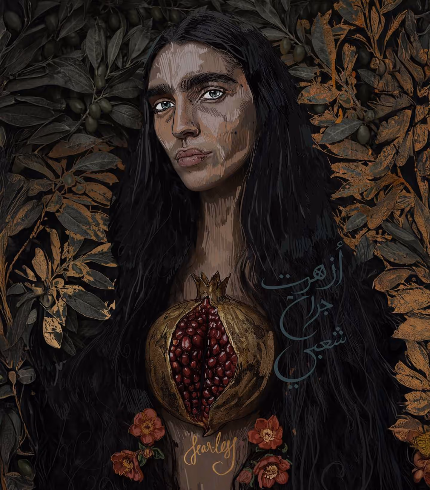 Portrait of a woman with long dark hair holding a split pomegranate, surrounded by dark leaves and flowers.