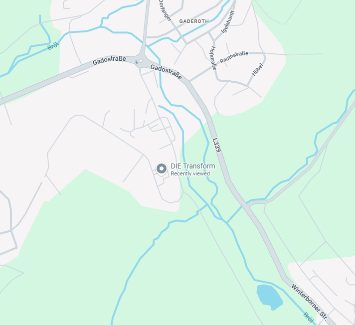 Map showing DIE Transform location near Gadostraße and L339 roads, with surrounding streams and green areas.