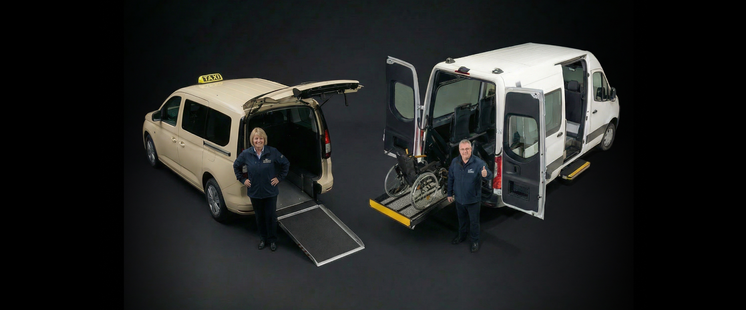 Two accessible vehicles with ramps and two people, one man with a wheelchair giving thumbs up.