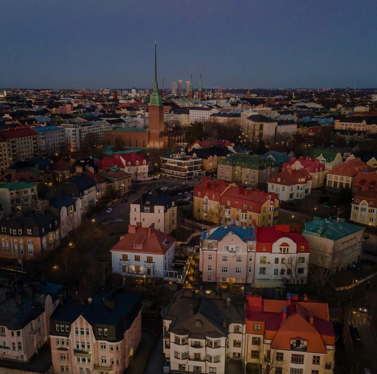 Aerial view of Eira and Mikael Agricola Church in Helsinki at dusk