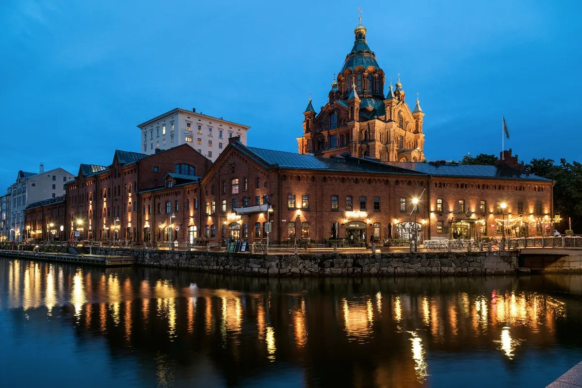 Uspenski Cathedral and the Helsinki waterfront at dusk