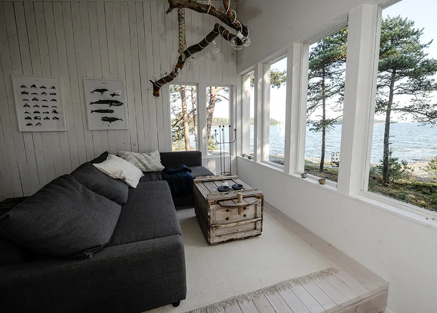 Finnish cottage living room by the sea on a private island near Helsinki