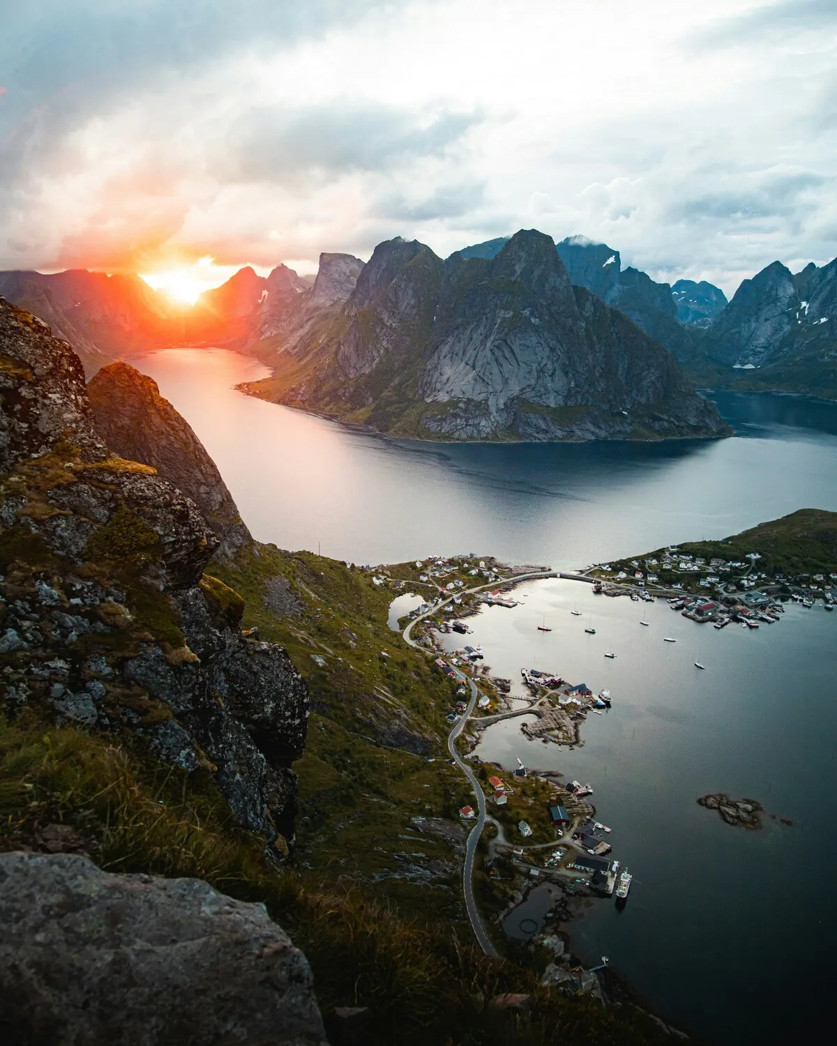 Fishing village of Reine in Lofoten at sunset, seen from above
