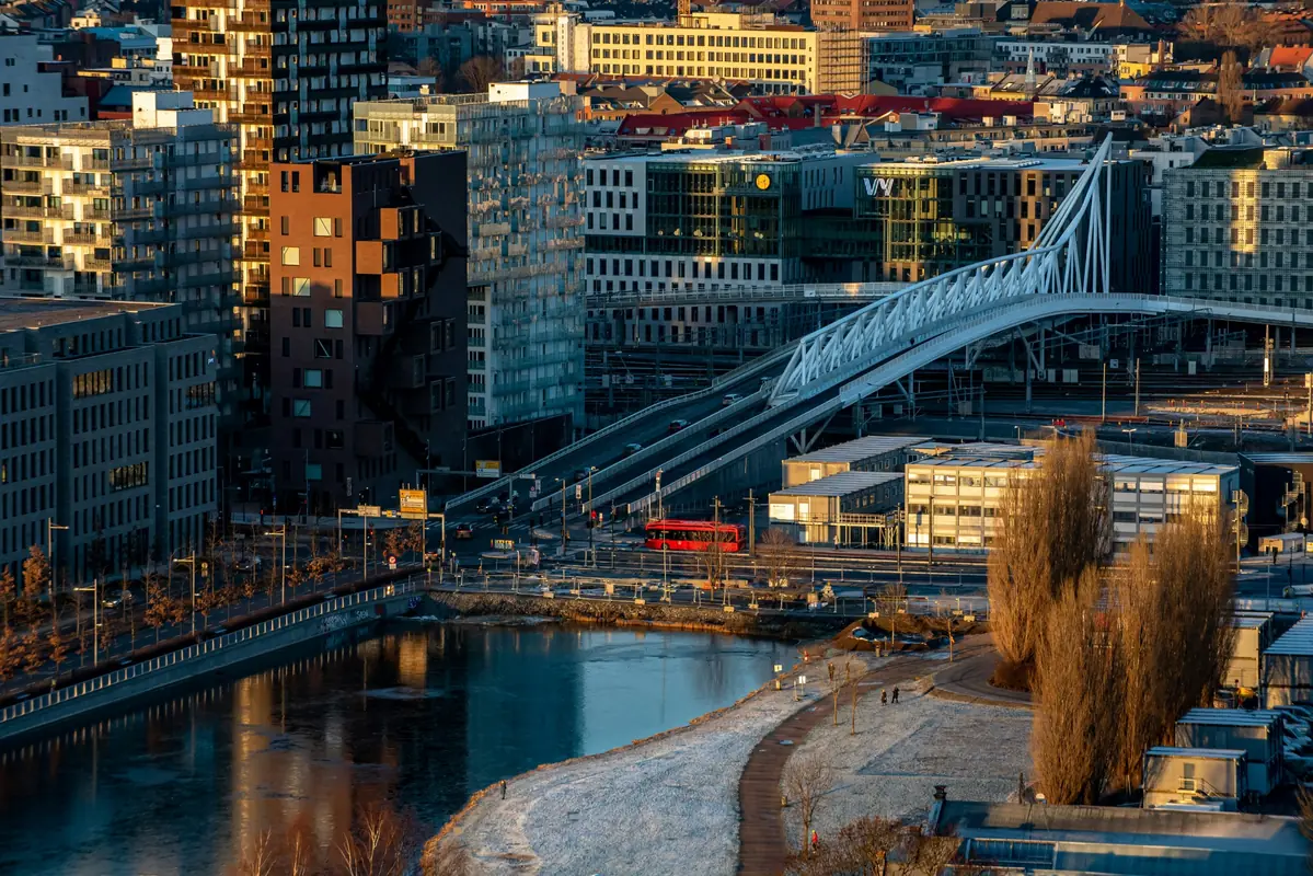 Oslo's Bjørvika waterfront and footbridge in golden evening light