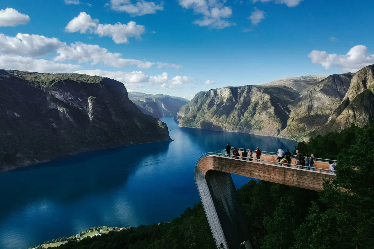 Visitors on the Stegastein viewpoint above Aurlandsfjord