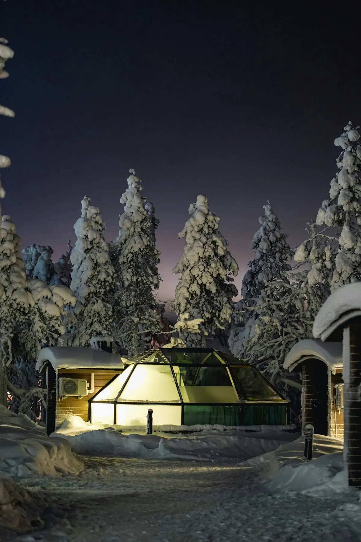 Glass igloo among snow-laden trees at night in Finnish Lapland