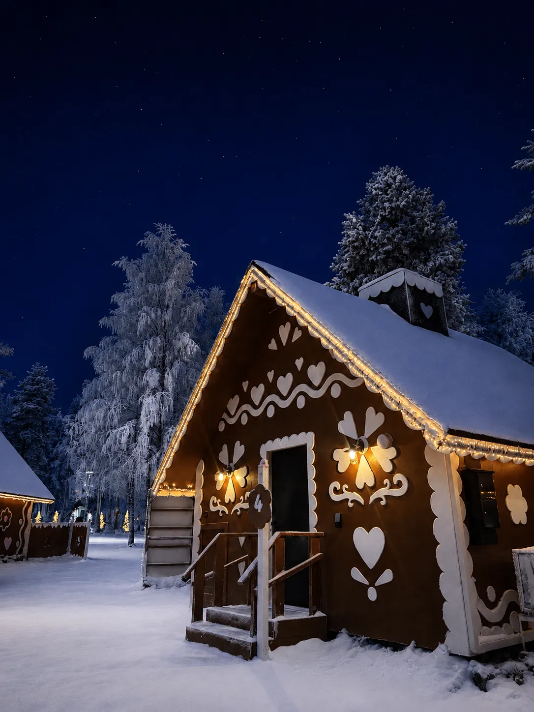 Decorated wooden cabin in a snowy Arctic village at night