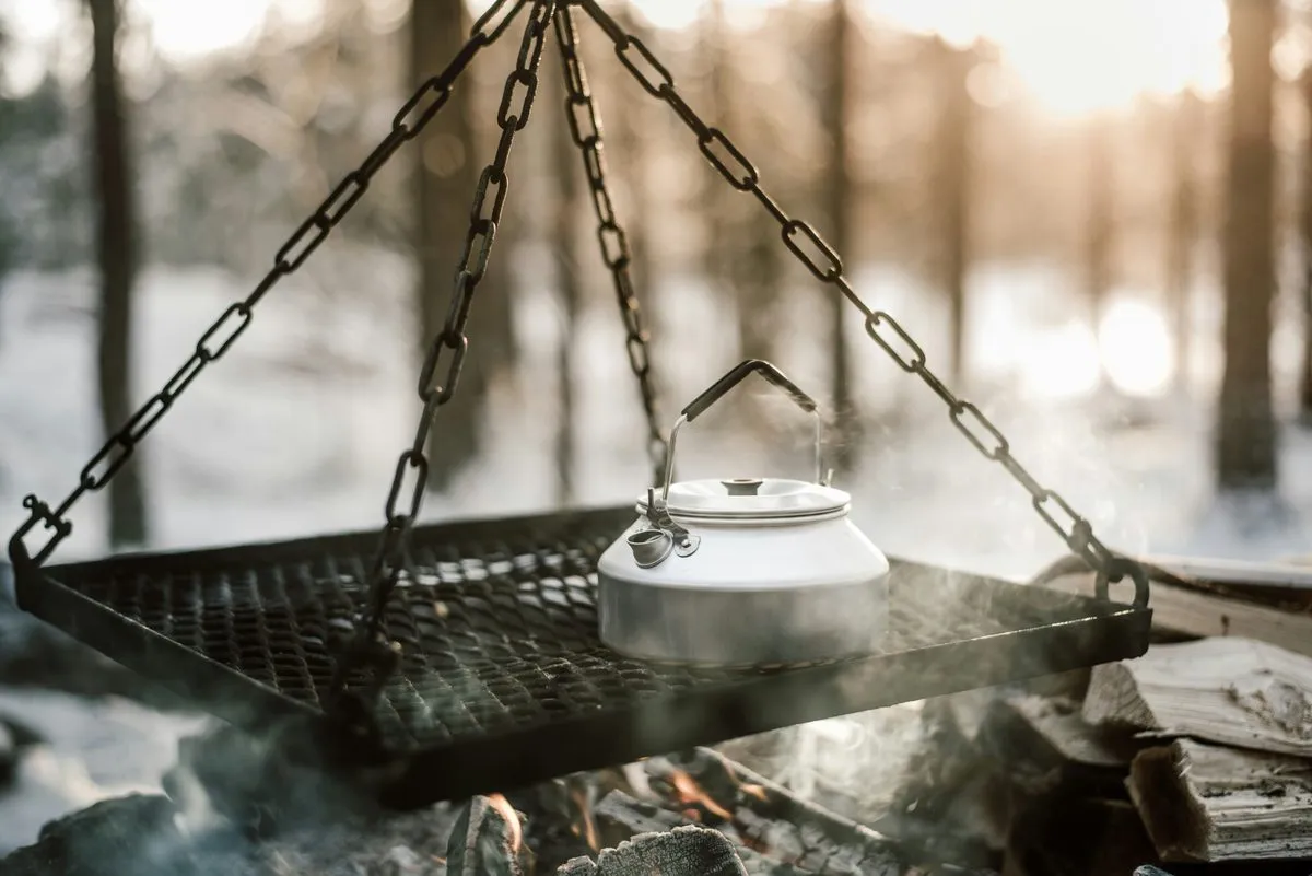 Fresh fish cooking over an open fire during a fireside lunch in Lapland