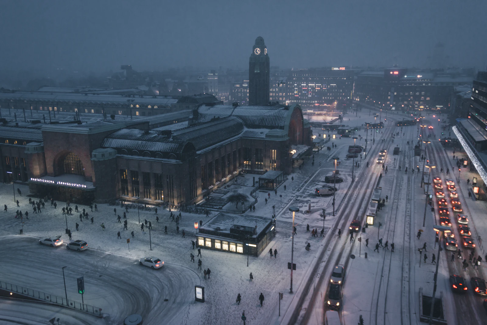 Snow-covered street in central Helsinki on a winter evening, seen from above
