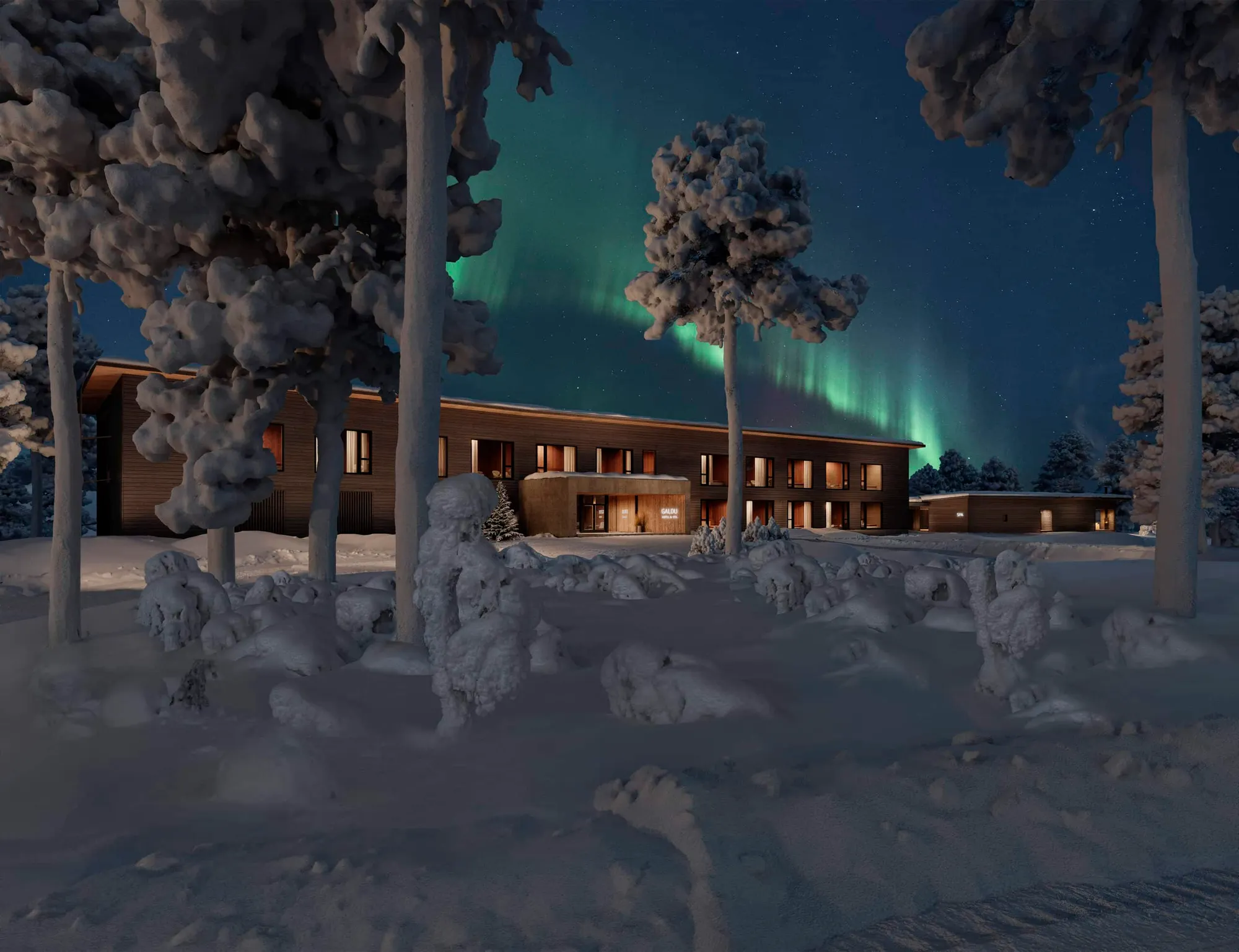 Gáldu Hotel & Spa in a snowy forest in Saariselkä under the Northern Lights