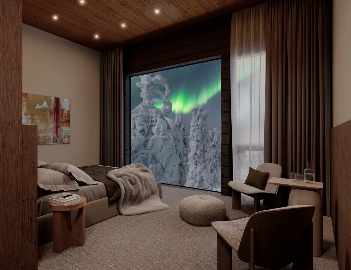 Stellar Haven room at Gáldu Hotel & Spa with the Northern Lights over snowy forest outside the window