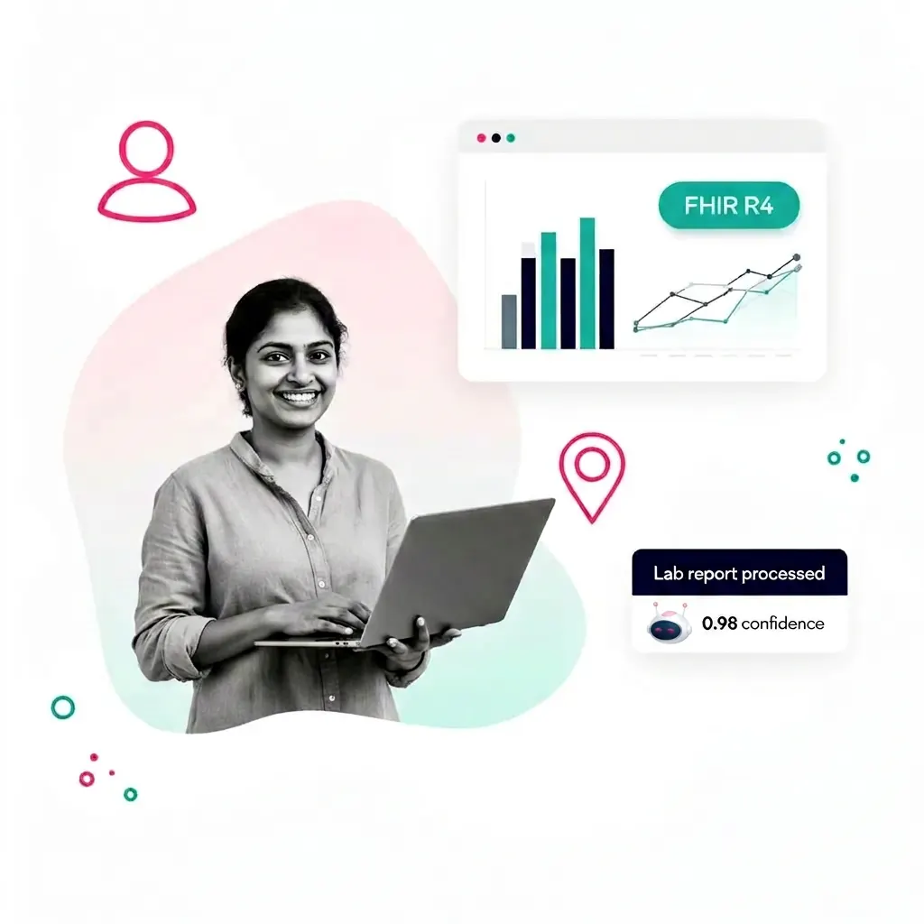 JondaX engineer with health data dashboard collage