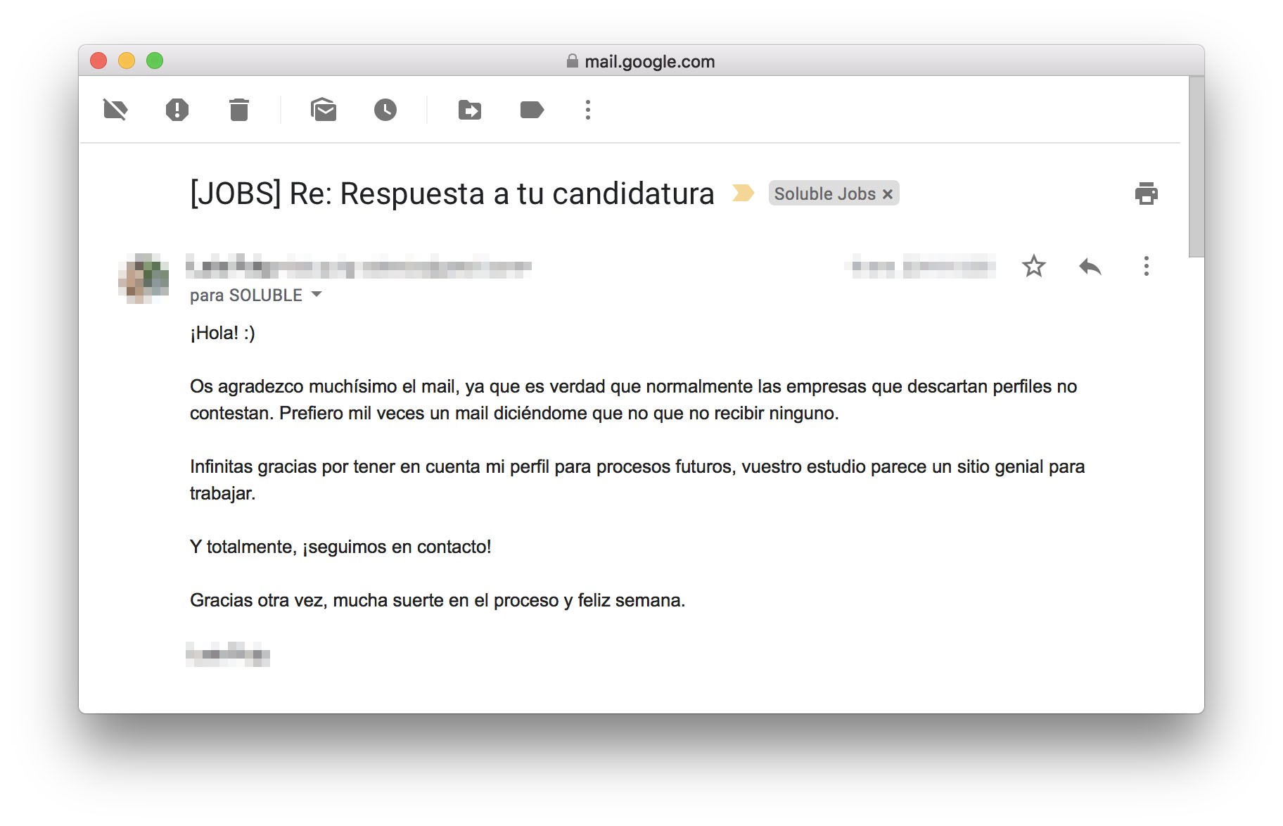 Una de las decenas de respuestas que hemos recibido dando las gracias.