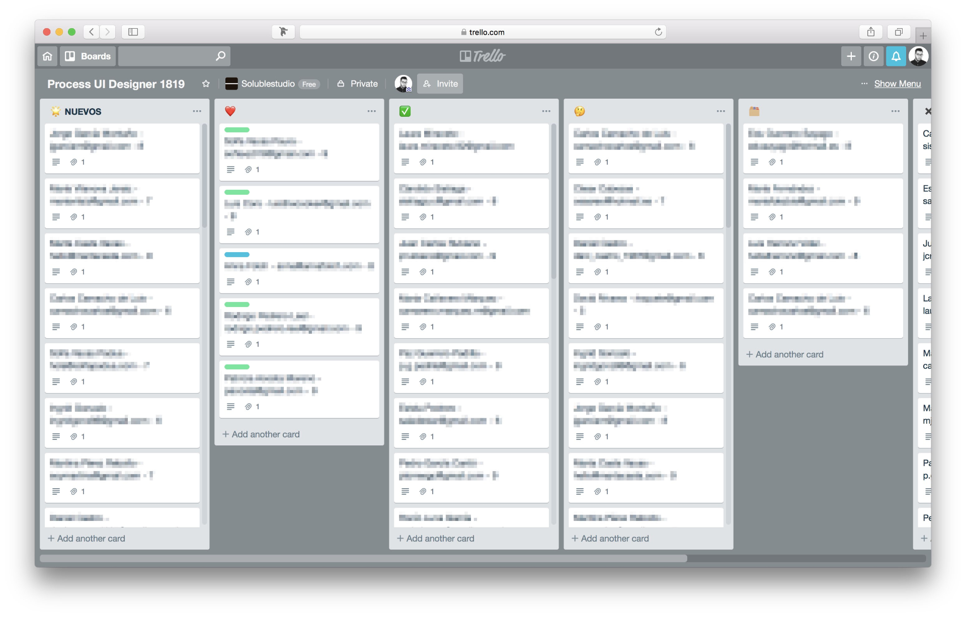Captura de pantalla del board de Trello de un proceso de selección en Soluble