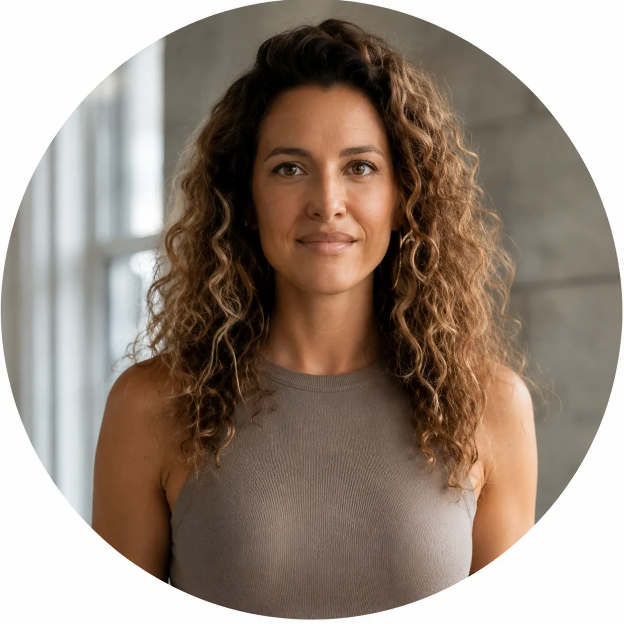 Portrait of a confident woman with curly hair wearing a sleeveless gray top against a gray background.
