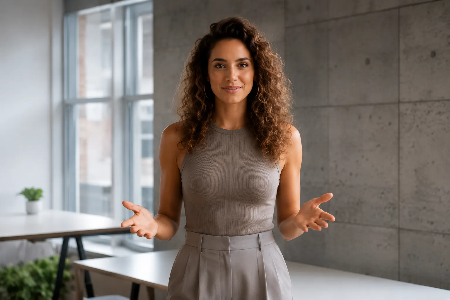 Woman with curly hair in sleeveless top and pants gesturing with hands indoors near windows.