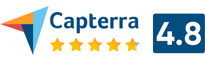 Capterra logo with a 4.8 star rating and five stars partially filled.