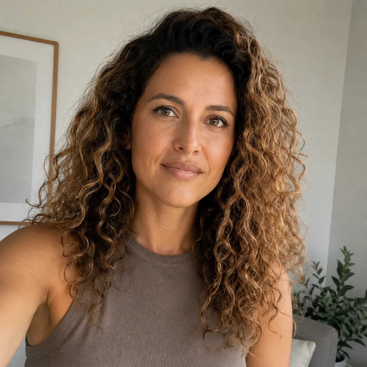Woman with long curly hair wearing a gray sleeveless top, smiling softly indoors.