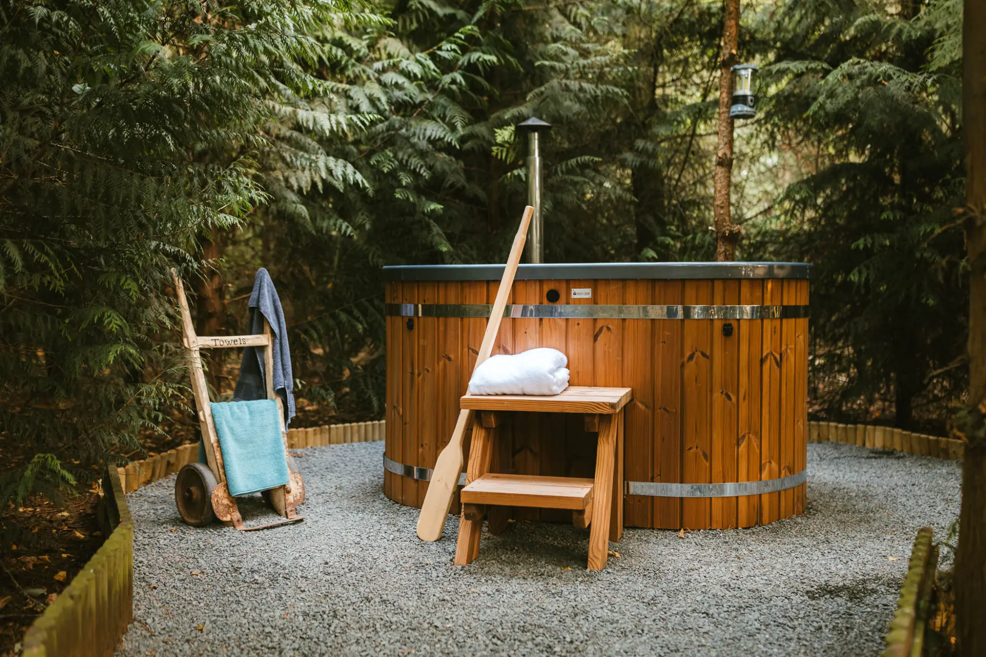 Wood-fired hot tub in the woodland
