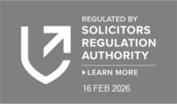 Badge showing 'Regulated by Solicitors Regulation Authority' with a white shield and arrow icon, expiry date 16 Feb 2026.