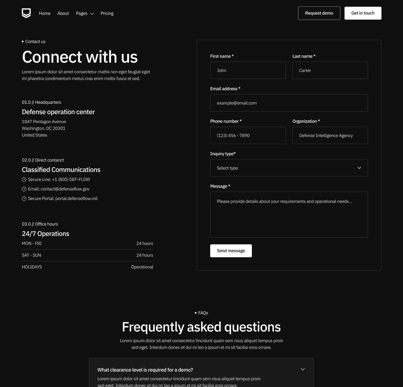 Defenseflow Contact V1 Hero Page Defense Platform Webflow Template