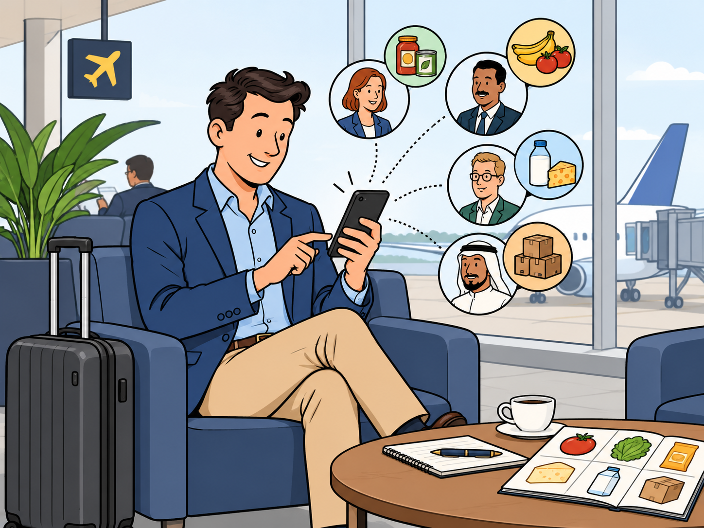 A distributor reconnecting with past buyers by phone while traveling