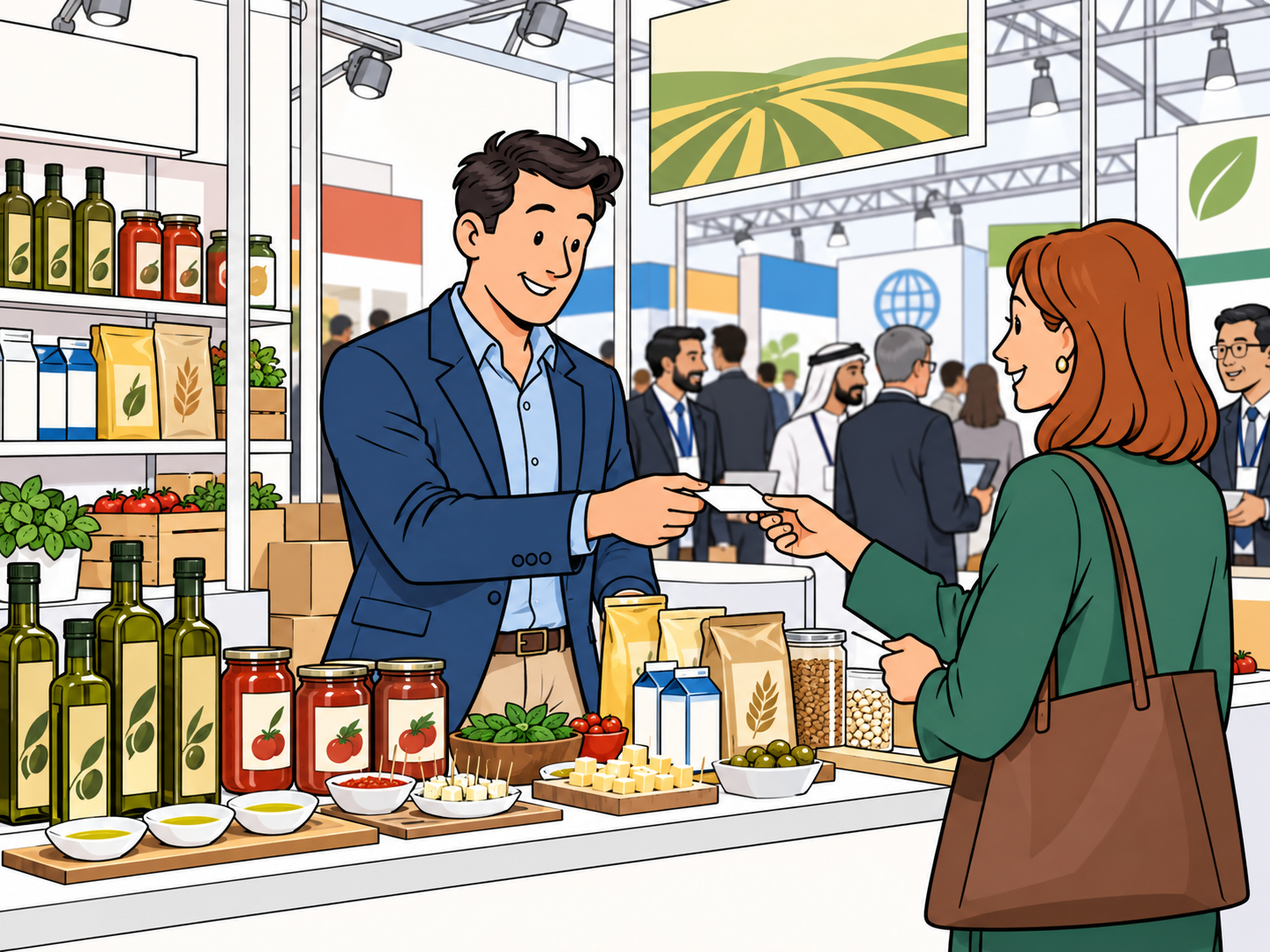 A distributor exchanging a business card with a buyer at a food trade show booth