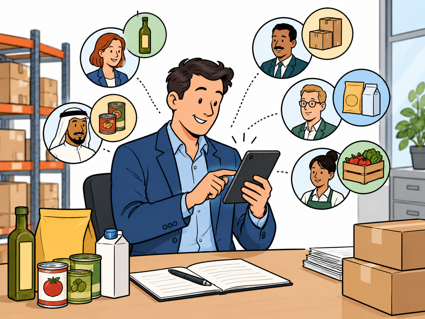 A merchant reviewing buyer notes and product interests on a tablet at his desk