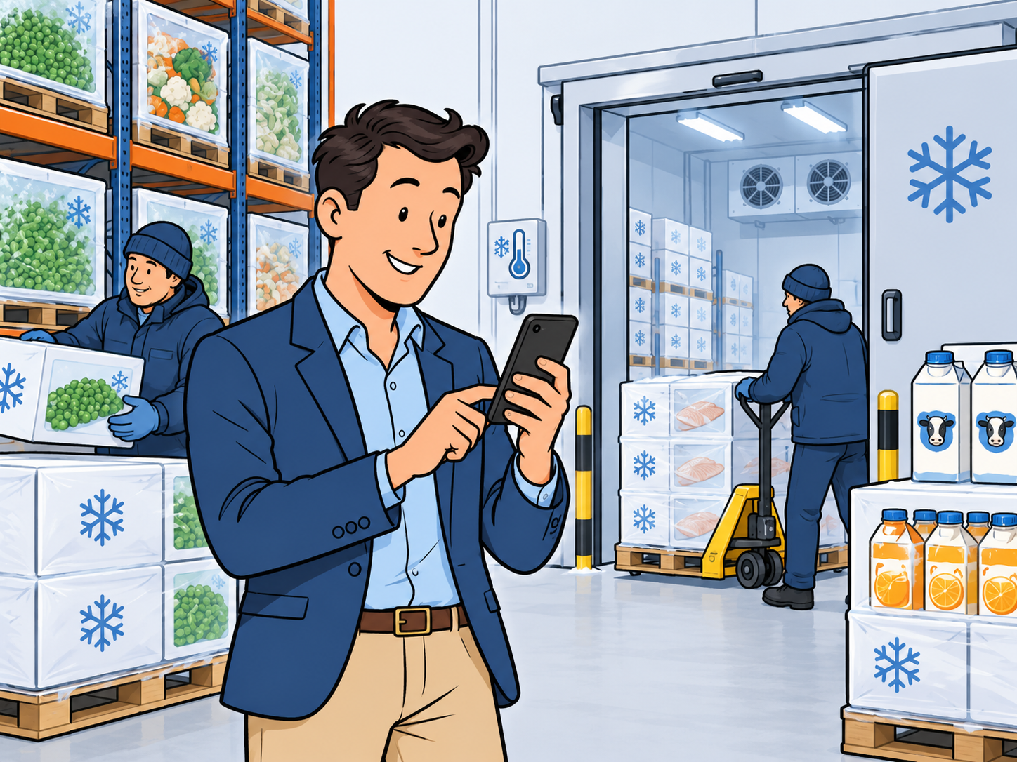 A distributor checking availability on his phone inside a cold storage facility