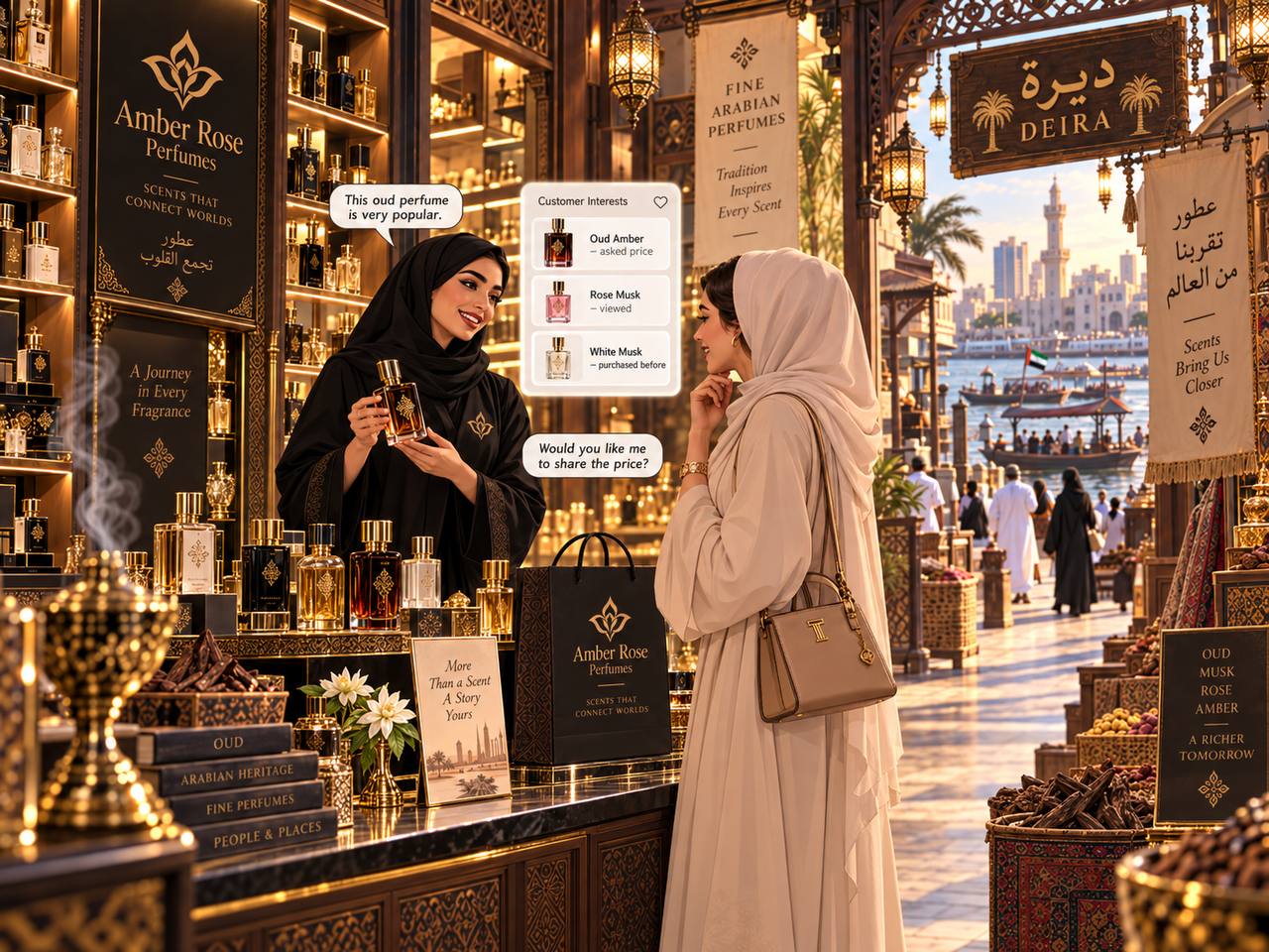 A perfume shop assistant seeing a customer's scent interests and past purchases on a profile card