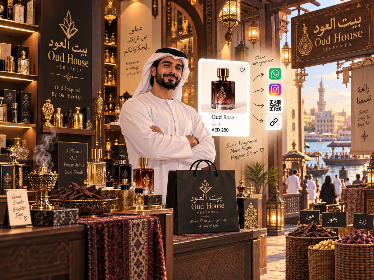 An oud shop owner sharing a perfume from his collection with a customer over WhatsApp using Abanro