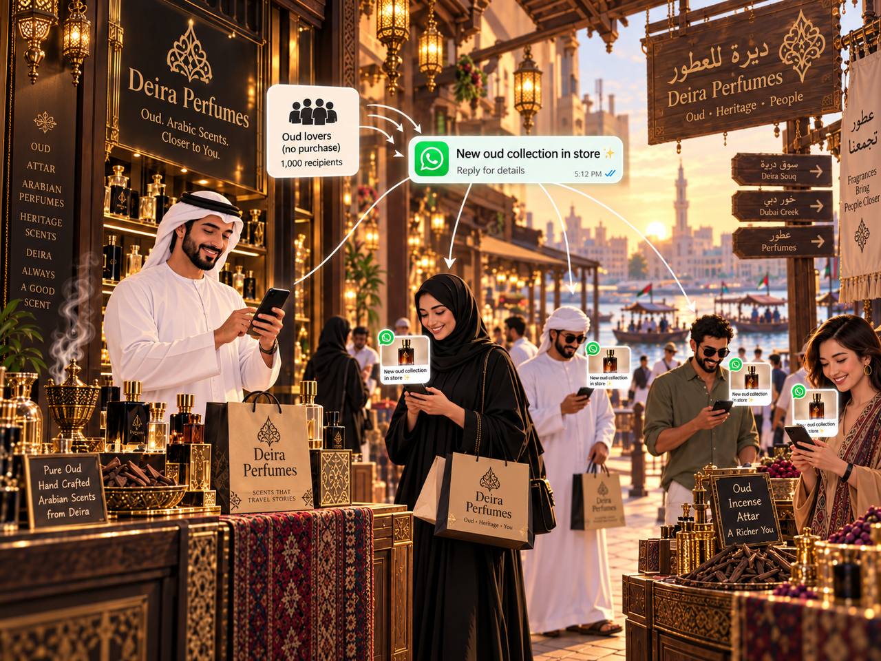A perfume shop owner sending a new-collection announcement to a broadcast of oud lovers over WhatsApp