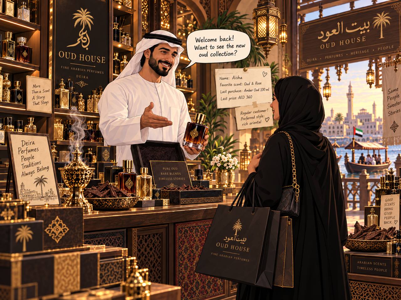 A perfume shop owner welcoming a returning customer back with her scent profile shown alongside the chat