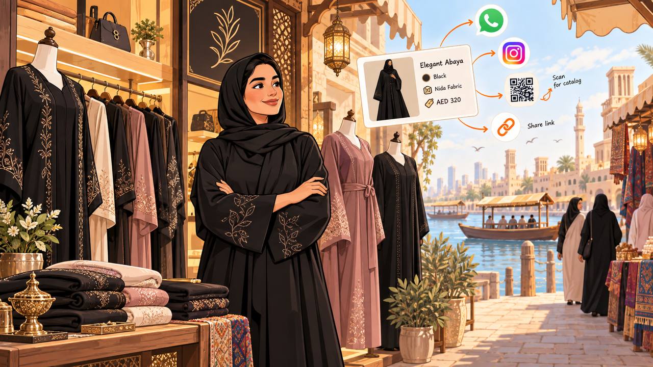 An abaya shop owner sharing a product card with fabric, colour and price over WhatsApp, Instagram and a QR code