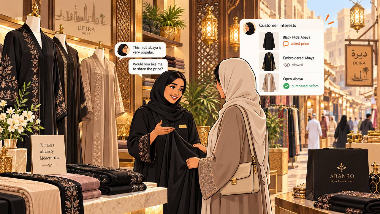 A shop assistant seeing a customer's abaya interests and past purchases on a profile card