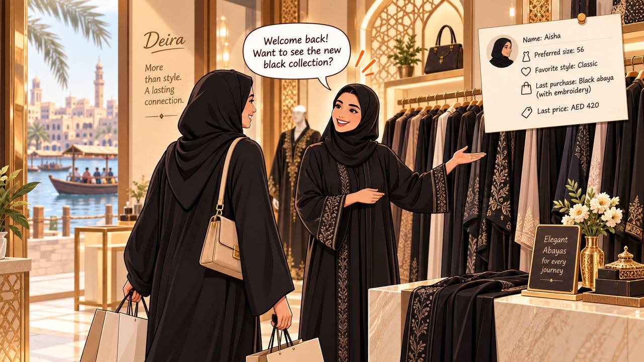 An abaya shop owner welcoming a returning customer back with her size and style profile shown alongside the chat