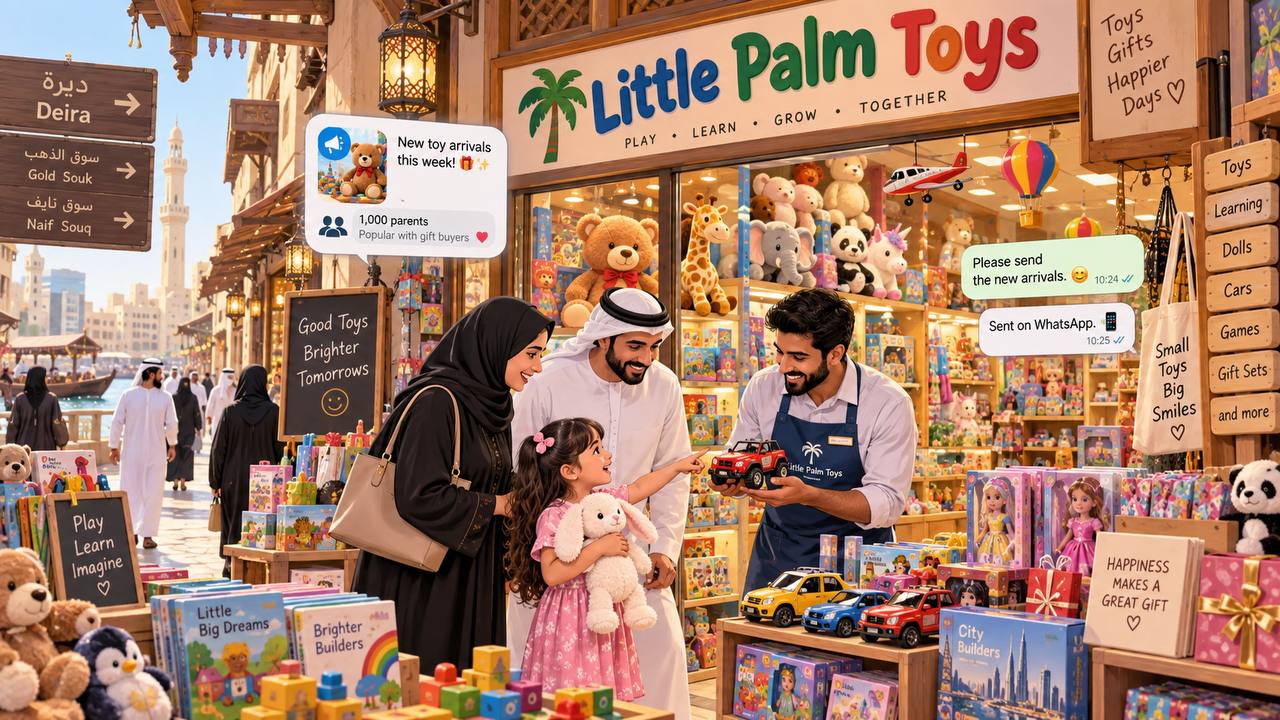 A family at a toy store, with a WhatsApp new-arrivals broadcast shown alongside
