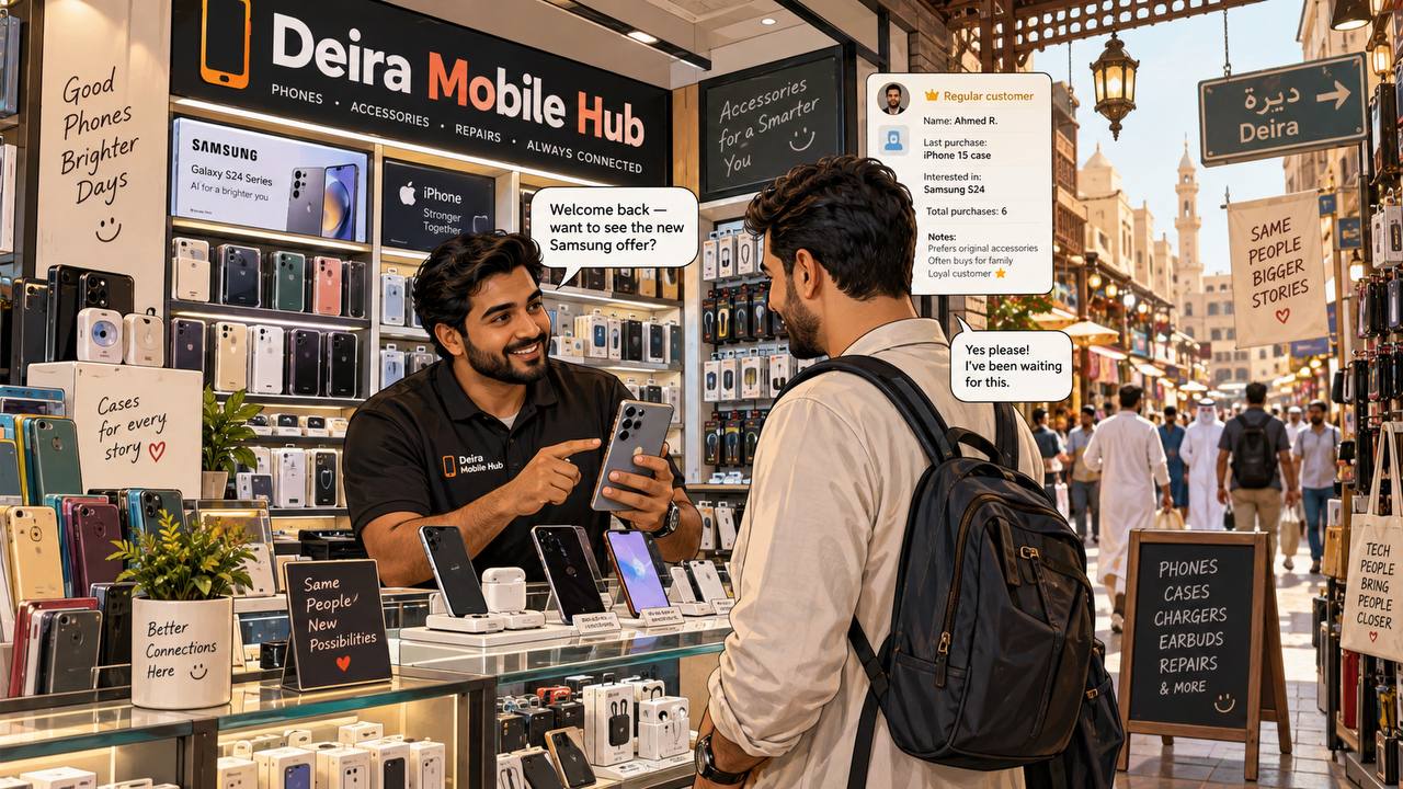 A mobile store owner greeting a regular customer, with a customer profile card shown alongside the chat